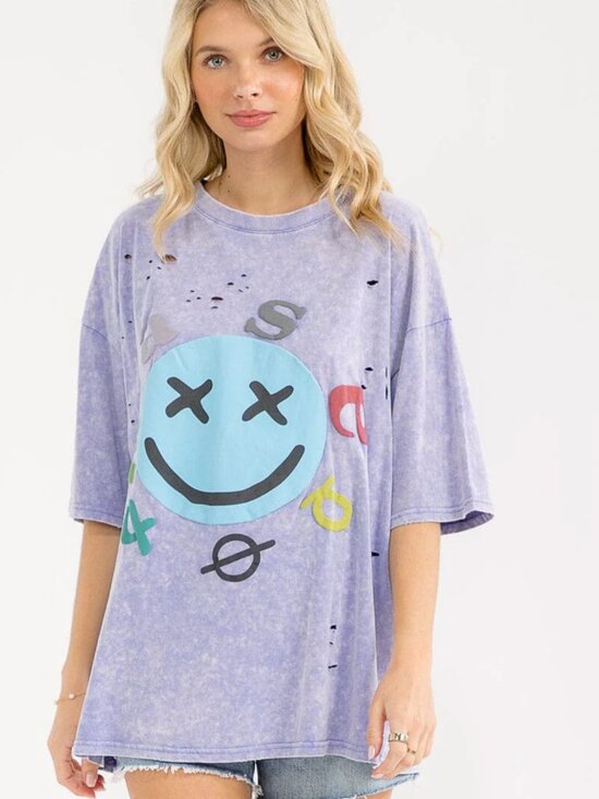 POL Tops - POL Oversized Distressed Smiley Tee • Purple Graphic Y2K Streetwear
